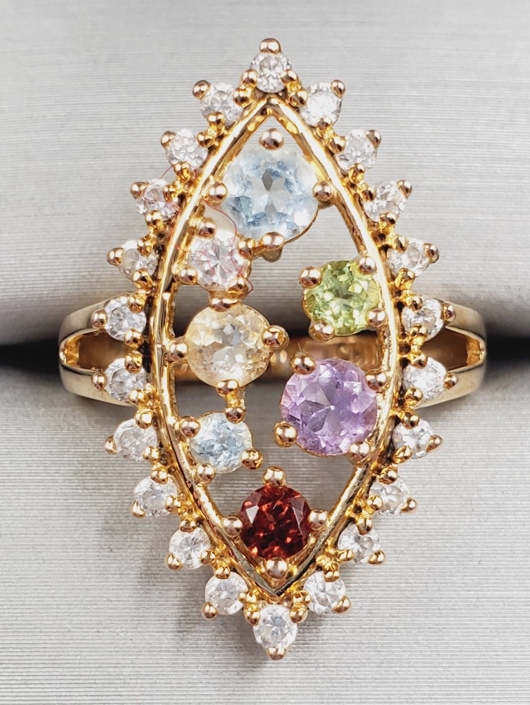 Multi Gemstone Marquise Cocktail Halo Ring Yellow Gold - 925 Sterling Silver